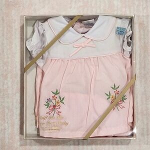 Vtg Judy Philippine Baby Pink Floral Embroidered Dress Diaper Cover 0-6 Months